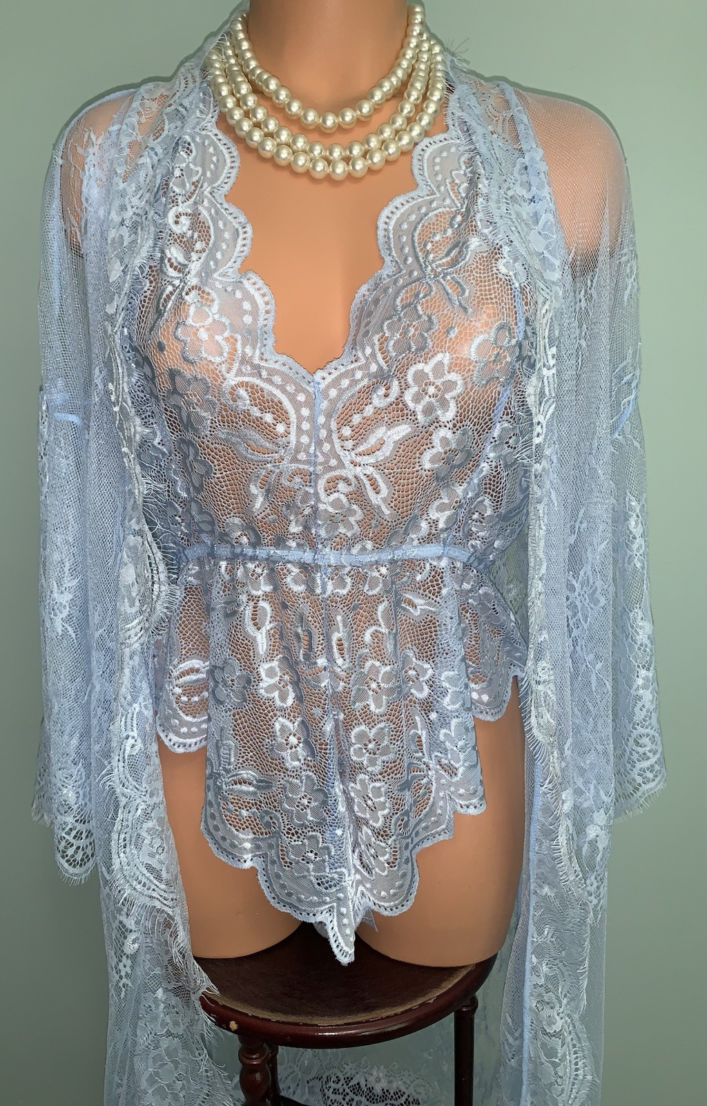 NEW Sheer LACY Lingerie Set XL Crotchless Teddy & Robe Eyelash lace Satin Tie