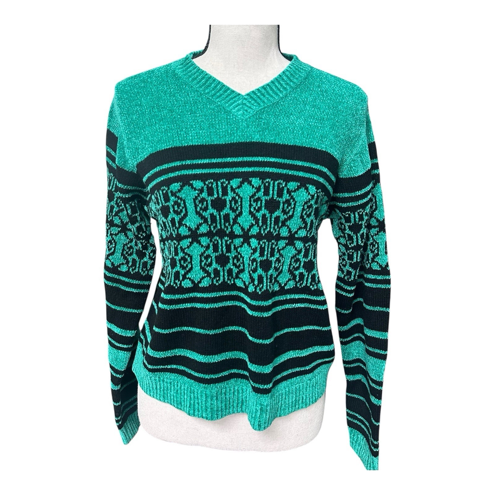 VTG Amanda Smith Chenille Sweater Wmns S Green Black Geometric V-Neck