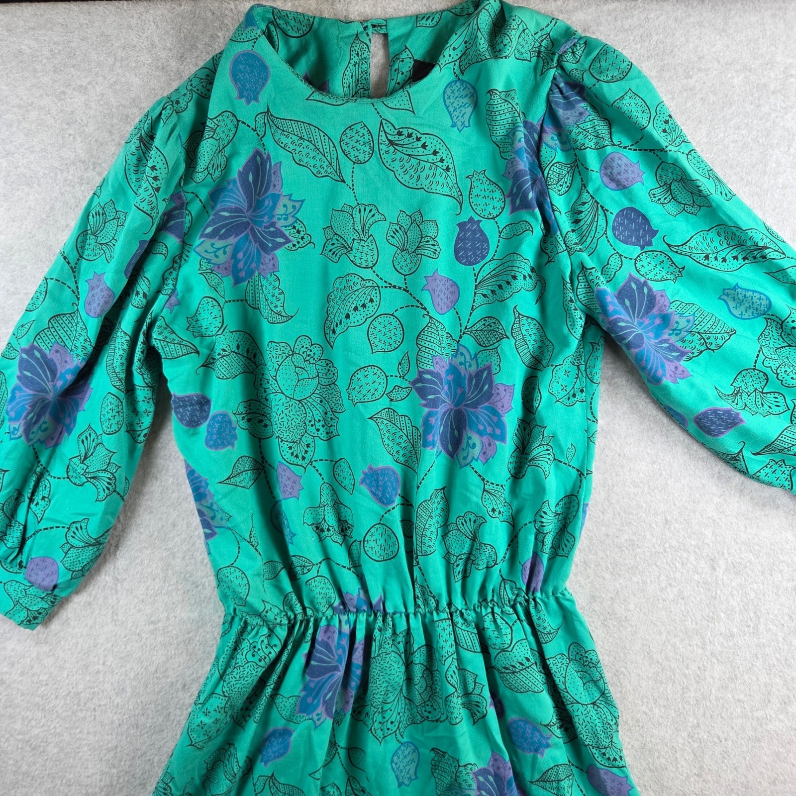 RGY Vintage Floral Midi Dress Womens Medium Teal Green Elastic Waist 80s Retro