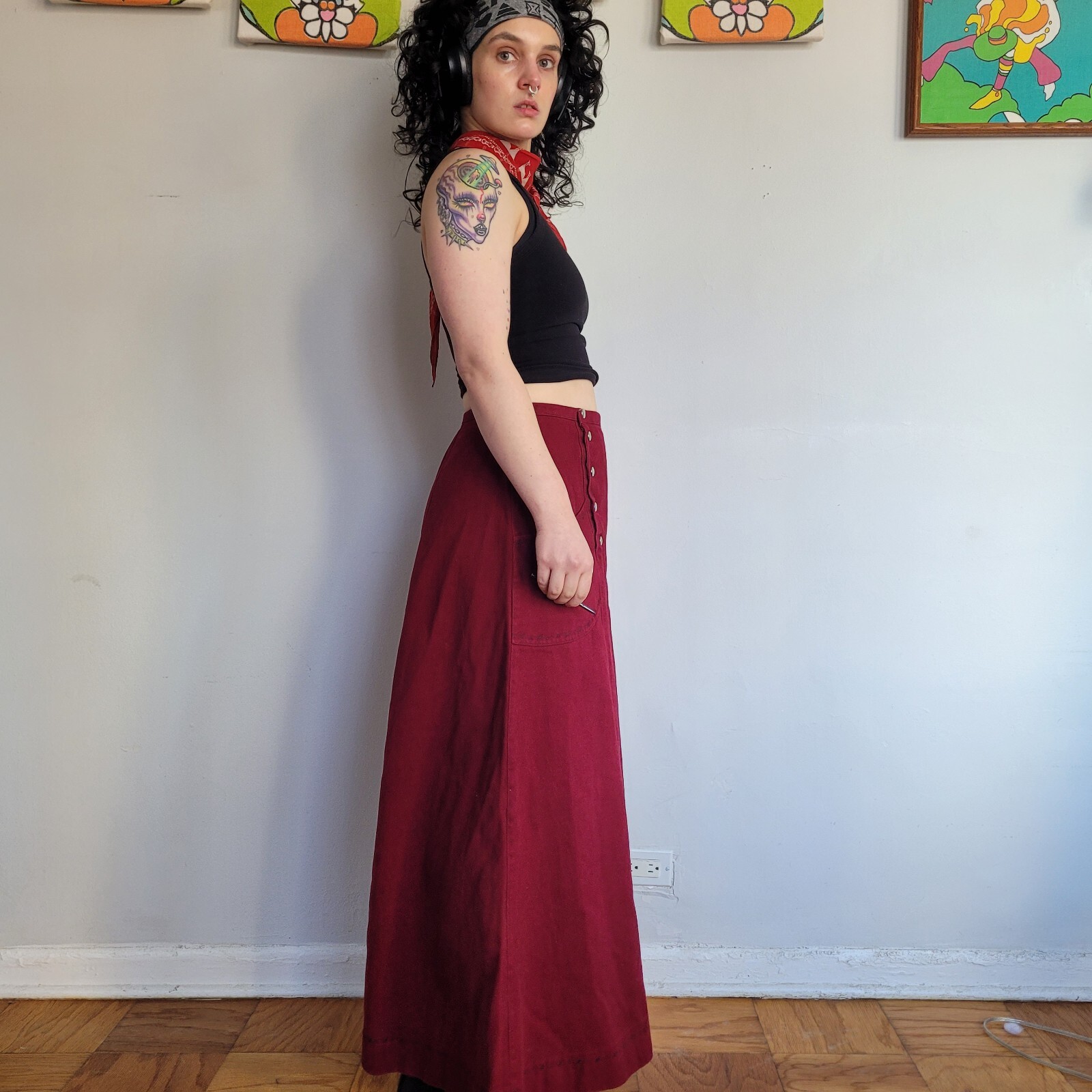 Vintage Maroon Wide Leg Bell Bottom High Waist Pant Hippy Rave 24″ Bell Size 29