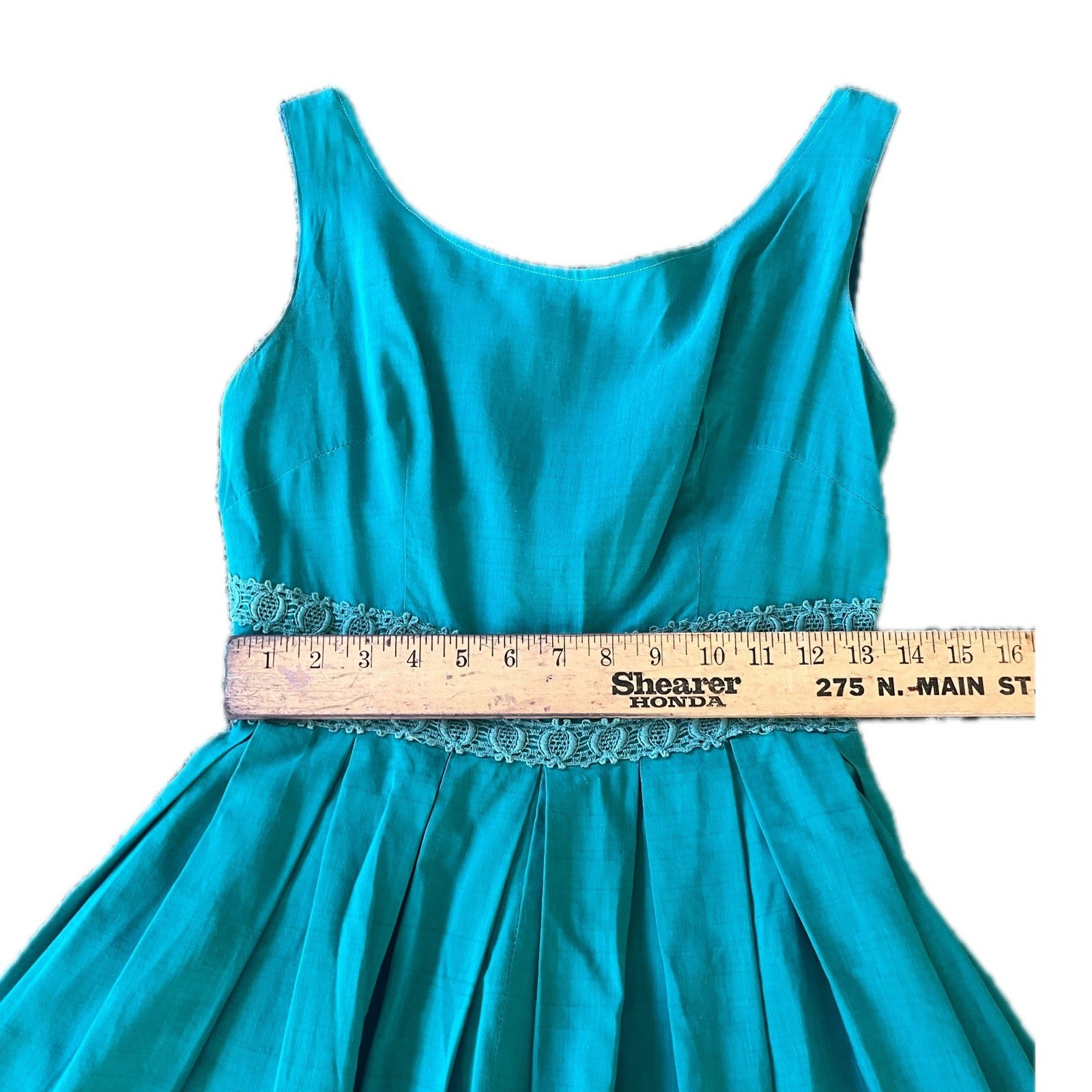 Vintage Teal Blue Pleated Fit Flare Dress Lace Waist Trim MCM 50s 60s Size S