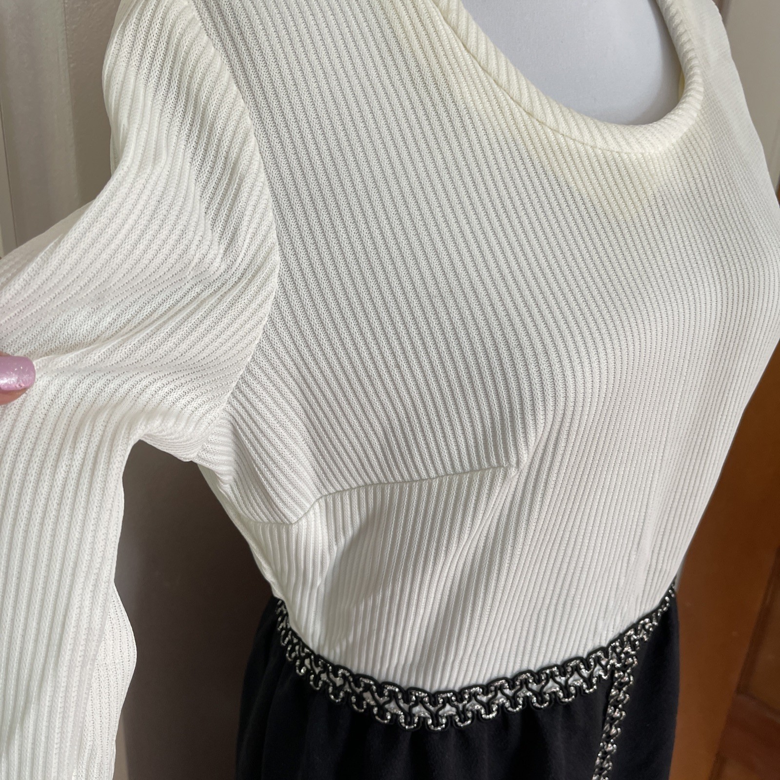 VTG 60s Black White Longsleeve Gown With Embellished Silver Trim Holly Golightly