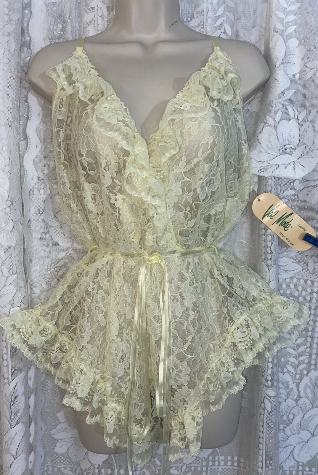 VTG NWT L XL Val Mode LEMON Yellow ALL LACE BABYDOLL TEDDY Nightie Romper