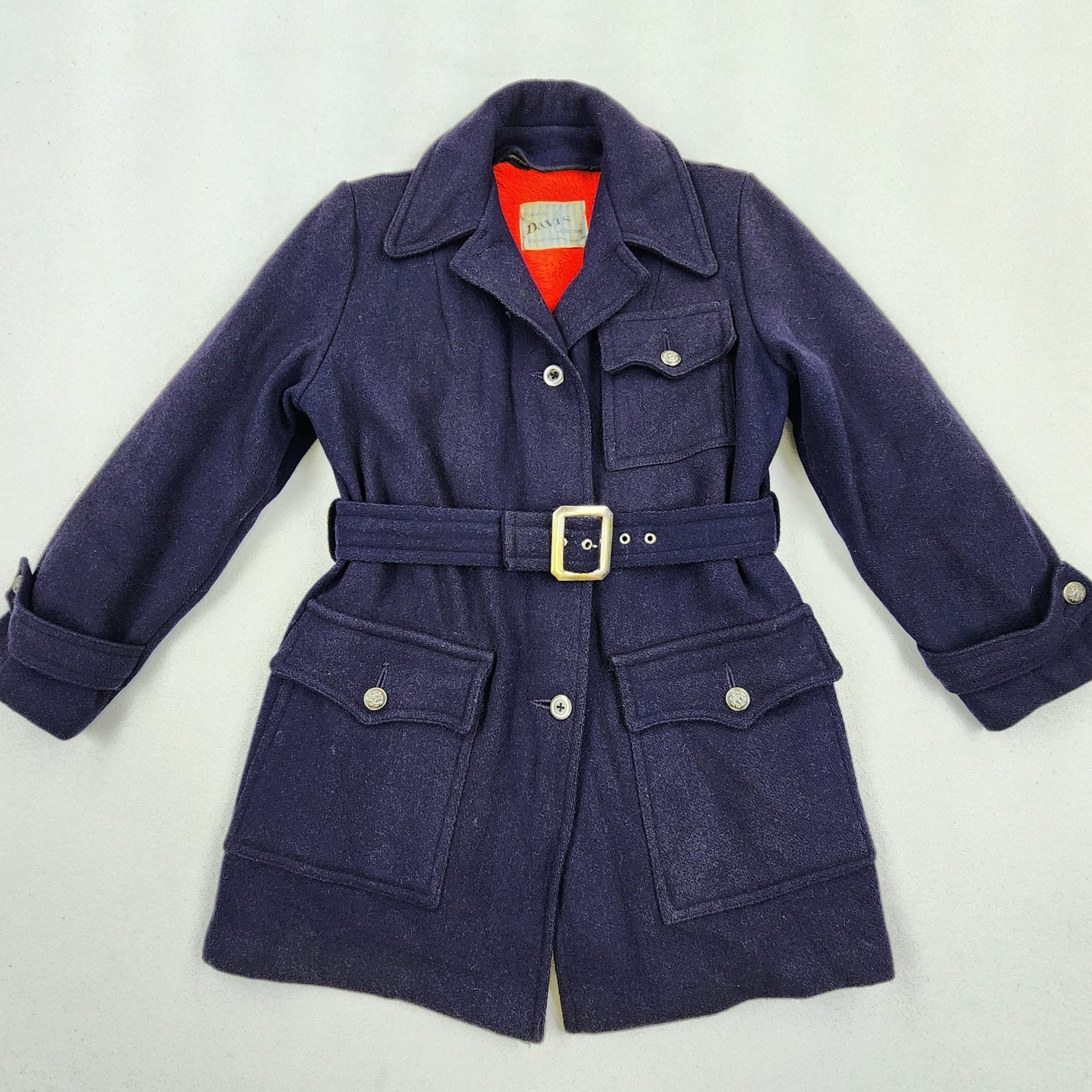 Vintage 40s Davis Of Boston Womans Wool Belted Navy Military Style Lined Coat