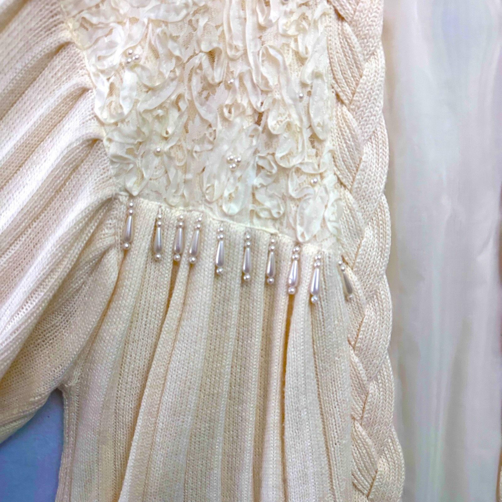 Vintage Maurada M Oversized Wool Cardigan Coat Pearl Lace Bishop Poet Rosette