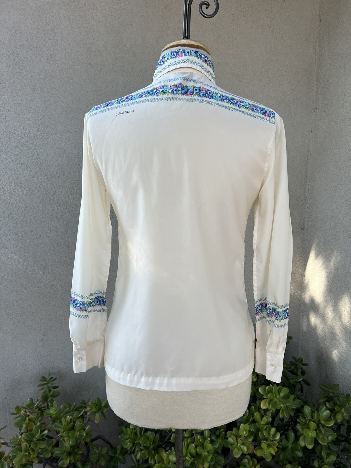 Vtg Blouse sheer white pink blue floral trim Small By Loubella