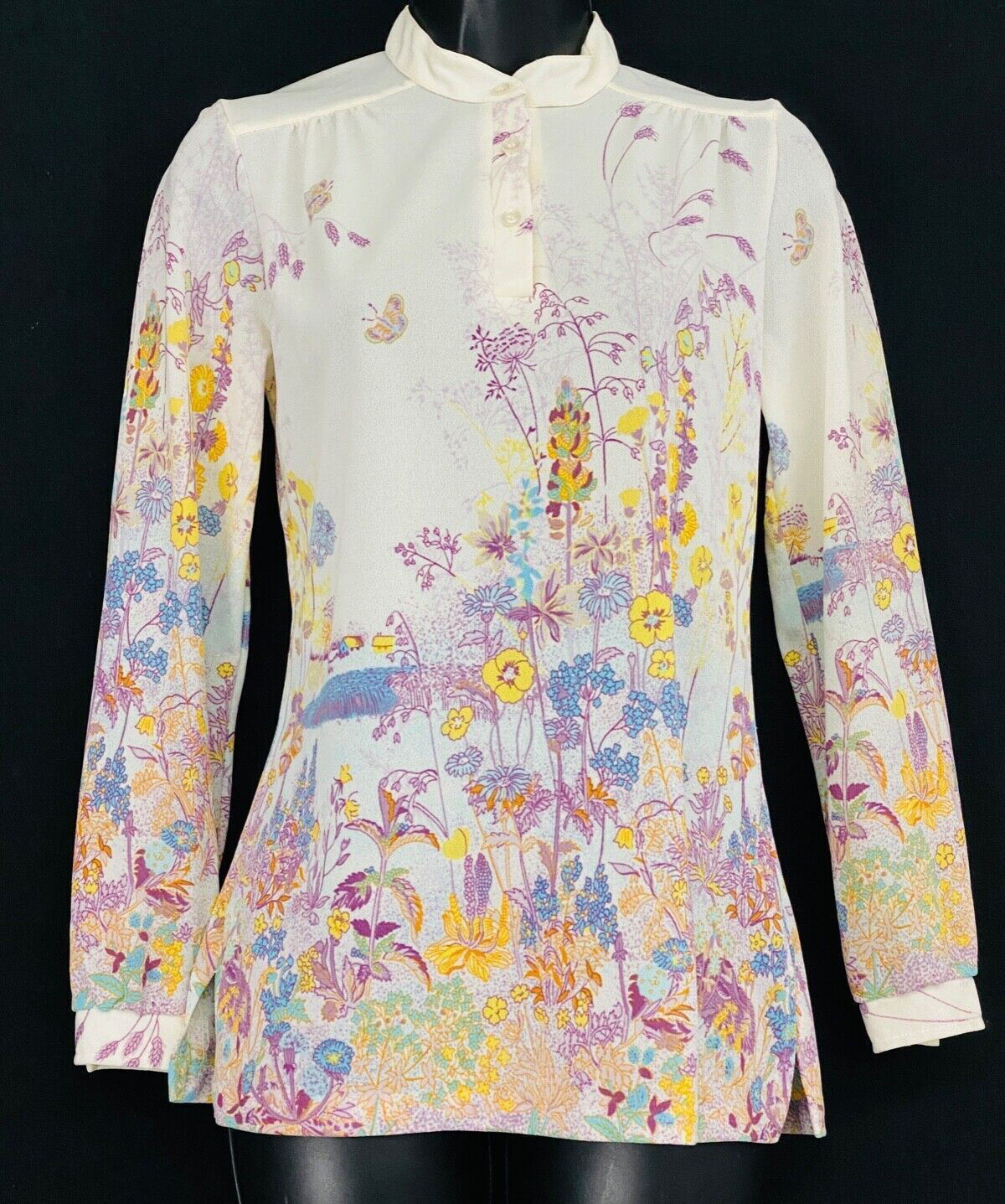 Vintage 1970s white floral blouse novelty print shirt top long sleeve deadstock