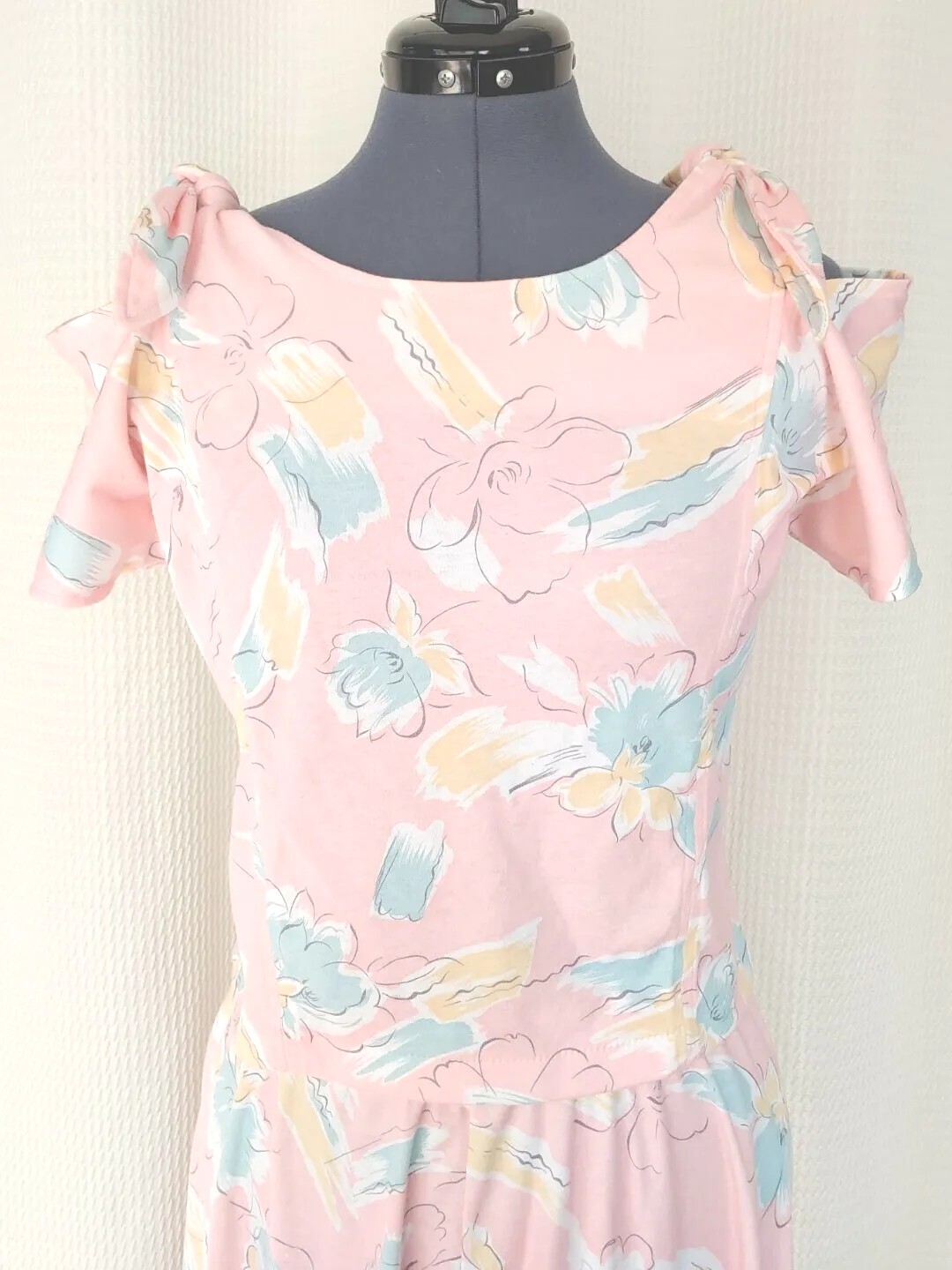 Vintage Pink Knit Skirt & Top Set with Yellow & Blue Florals Size 11/12
