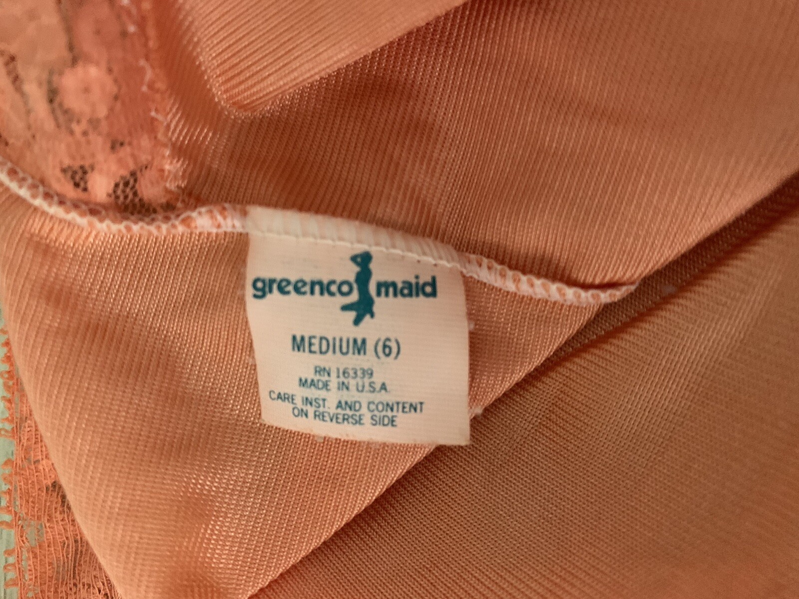VINTAGE SLIP TOP LINGERIE NYLON GREENCO MAID hand dyed Orange sz MEDIUM 6 Lace