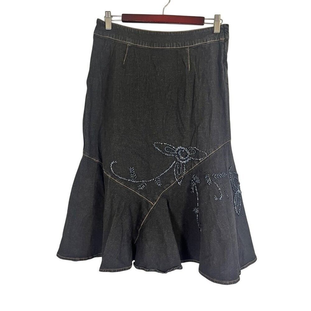 Retro Beaded Denim Skirt Blue 8 Boho Western Classic Chic Preppy Cowgirl 90s
