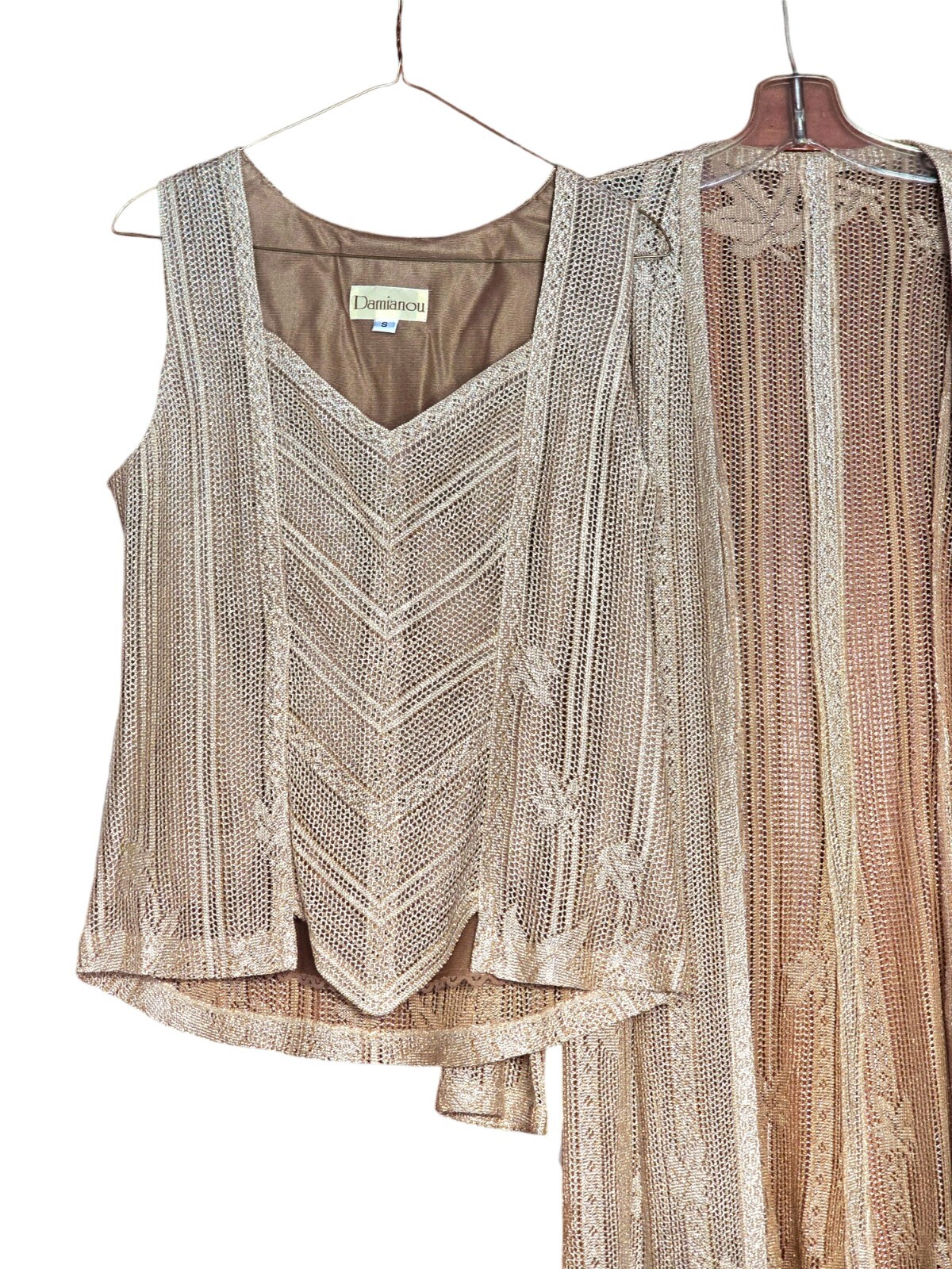 New Vintage Damianou Golden Knit 3 PC Set Skirt Jacket Top S Deco Look