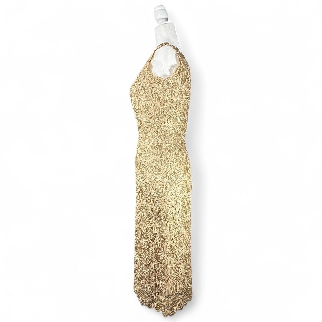 Vtg Raffia Crochet Wiggle Dress Woven Italian Tan Scallop Autumn Wedding Guest S
