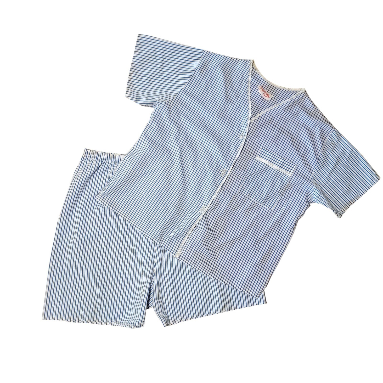 Vtg Pinstriped Pajama Set Women Large Loungewear Shorts Classic Blue White Retro