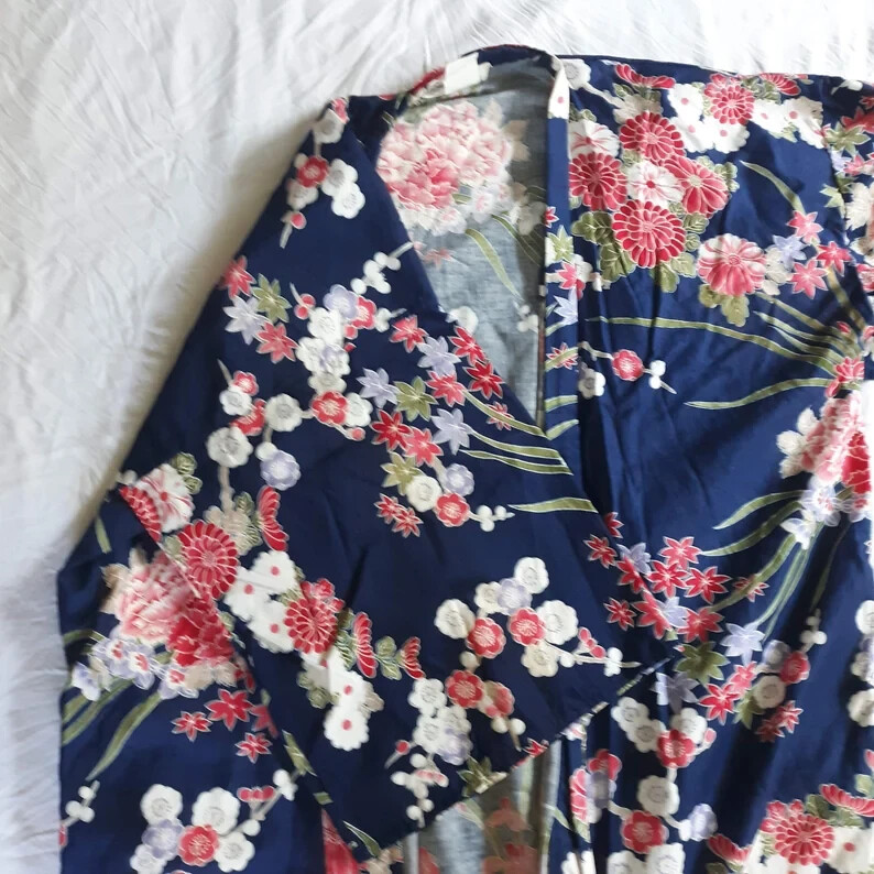 VINTAGE 60s/70s John Wanamaker XL Cotton Blue Floral Kimono Dressing Gown Robe