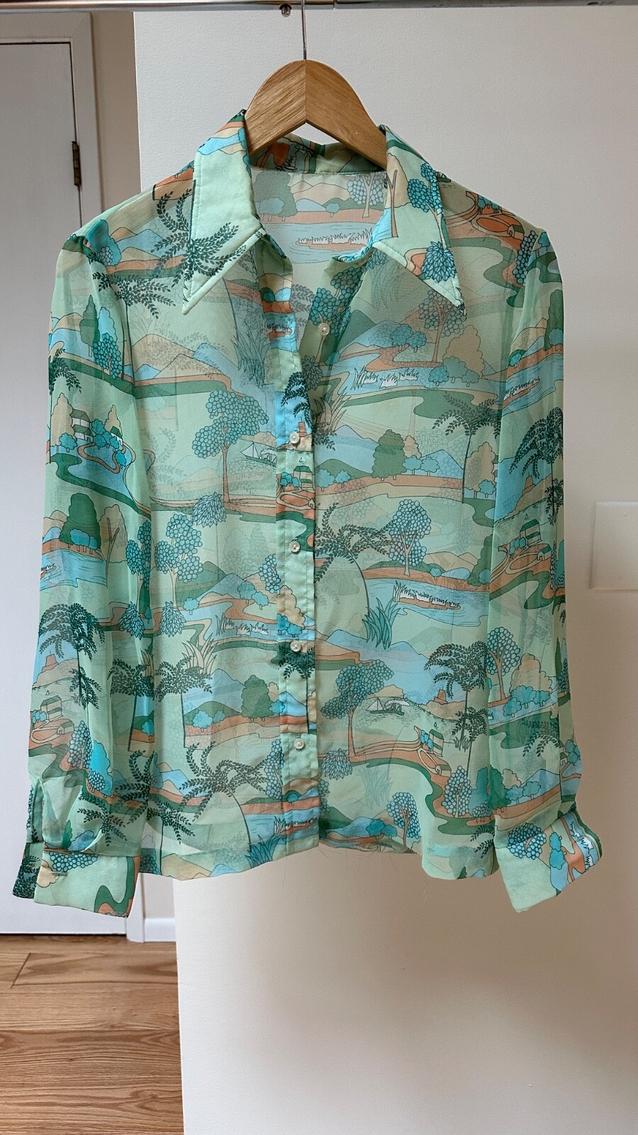 Sheer Button Down Shirt Aqua Dreamy Print Elegant Leisure Translucent Retro (M)