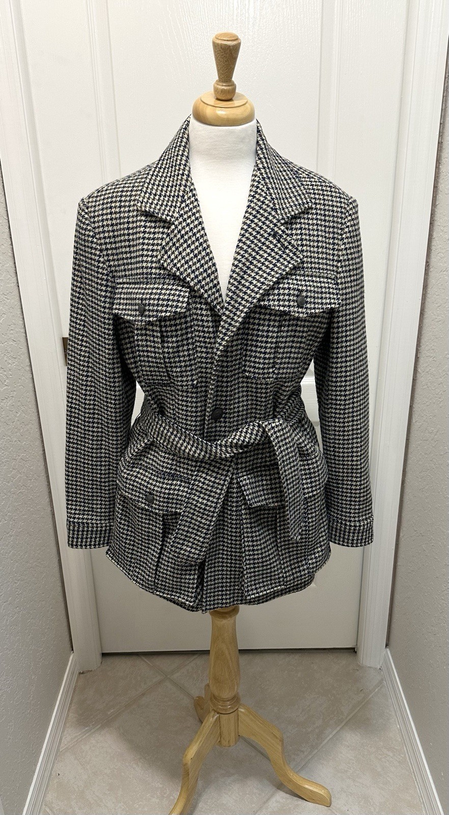 R.Z.R. Weatherwise Vtg Houndstooth Belted Blazer Jacket Quiet Luxury Career EUC