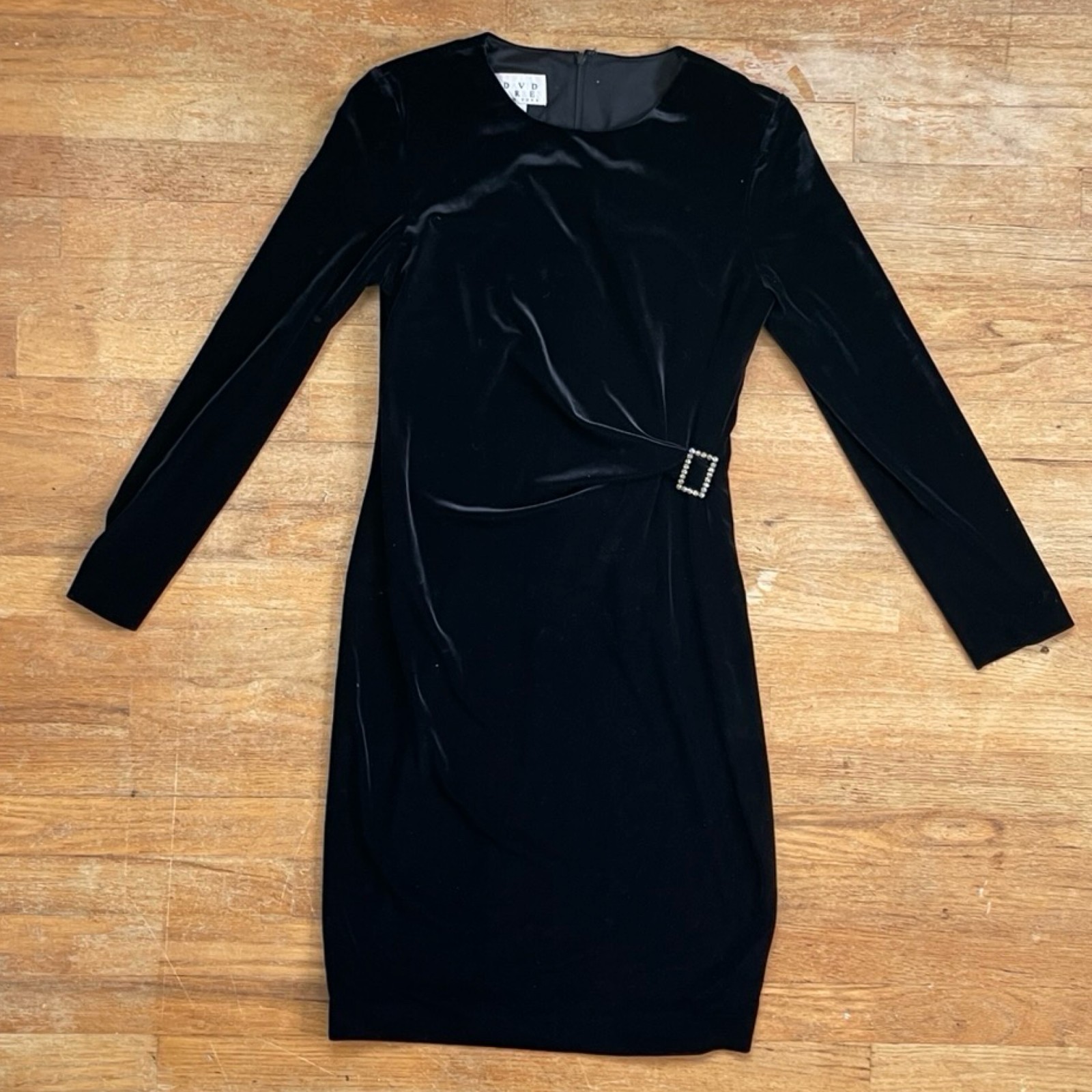 Vintage Black Stretch Velvet Dress Size Small 1990s David Warren Long Sleeve