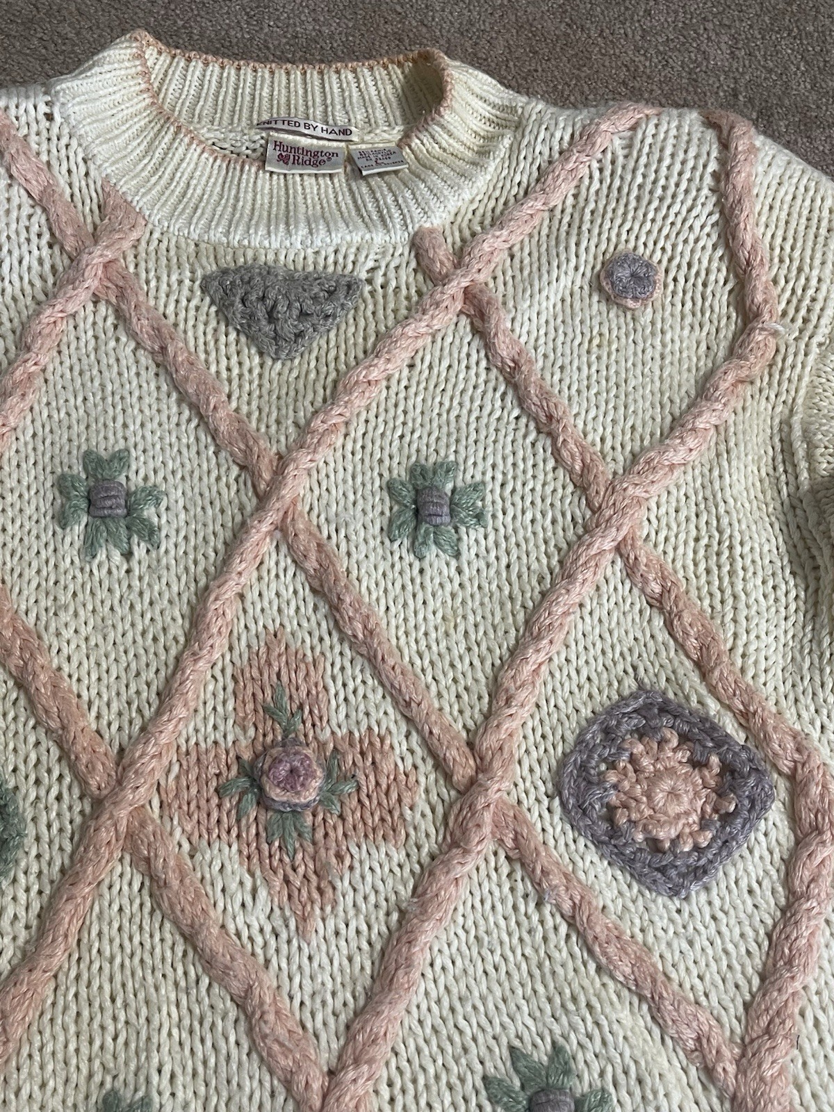 Vintage Huntington Ridge Sweater Womens L Cream Peach Flowers Granny Cottage Fai
