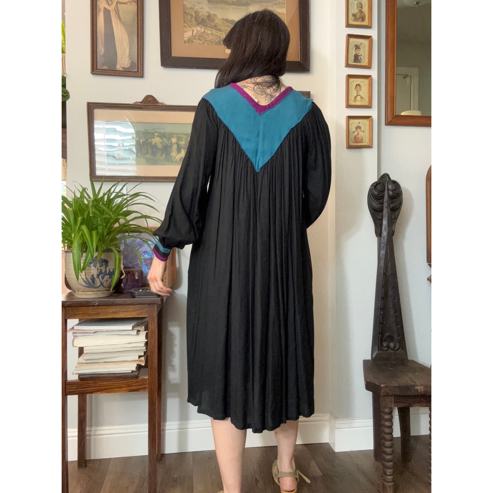 70s 80s vintage Kaftan dress black embroider neckline Papillon purple turquoise