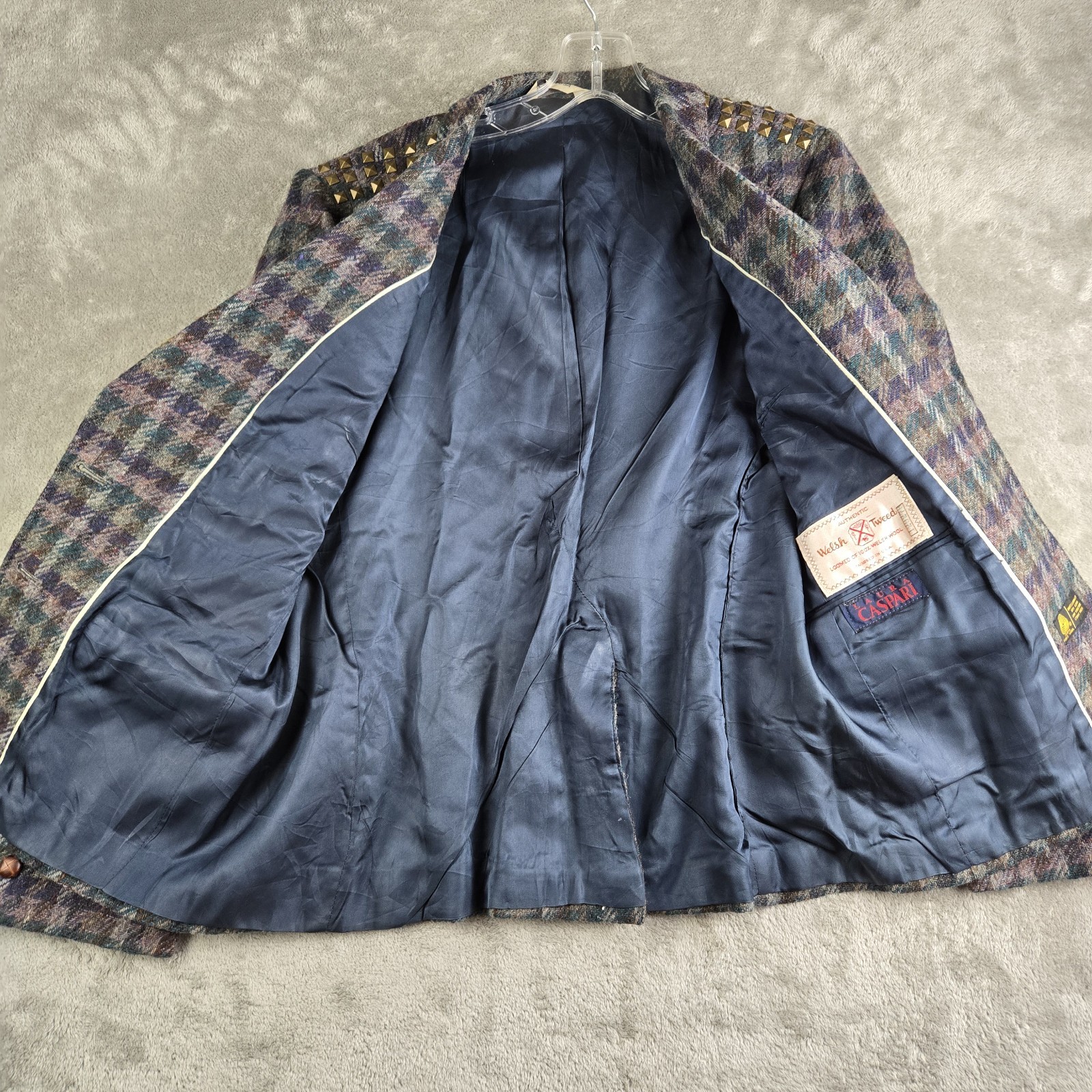 Vintage Laura Caspari Jacket Women Gray Purple Green Houndstooth 100% Welsh Wool