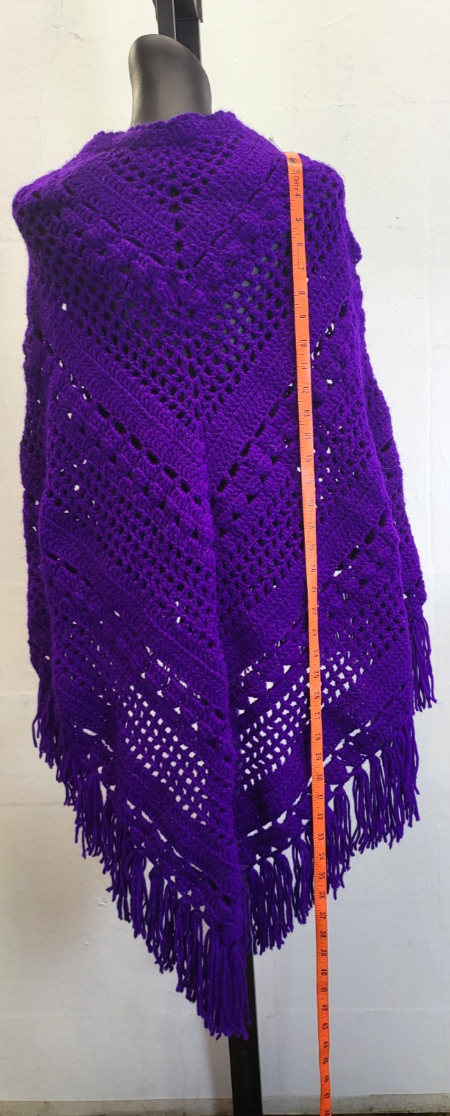 Vintage Crochet Poncho Deep Purple w/Fringe Handmade Boho Hippie Granny Core