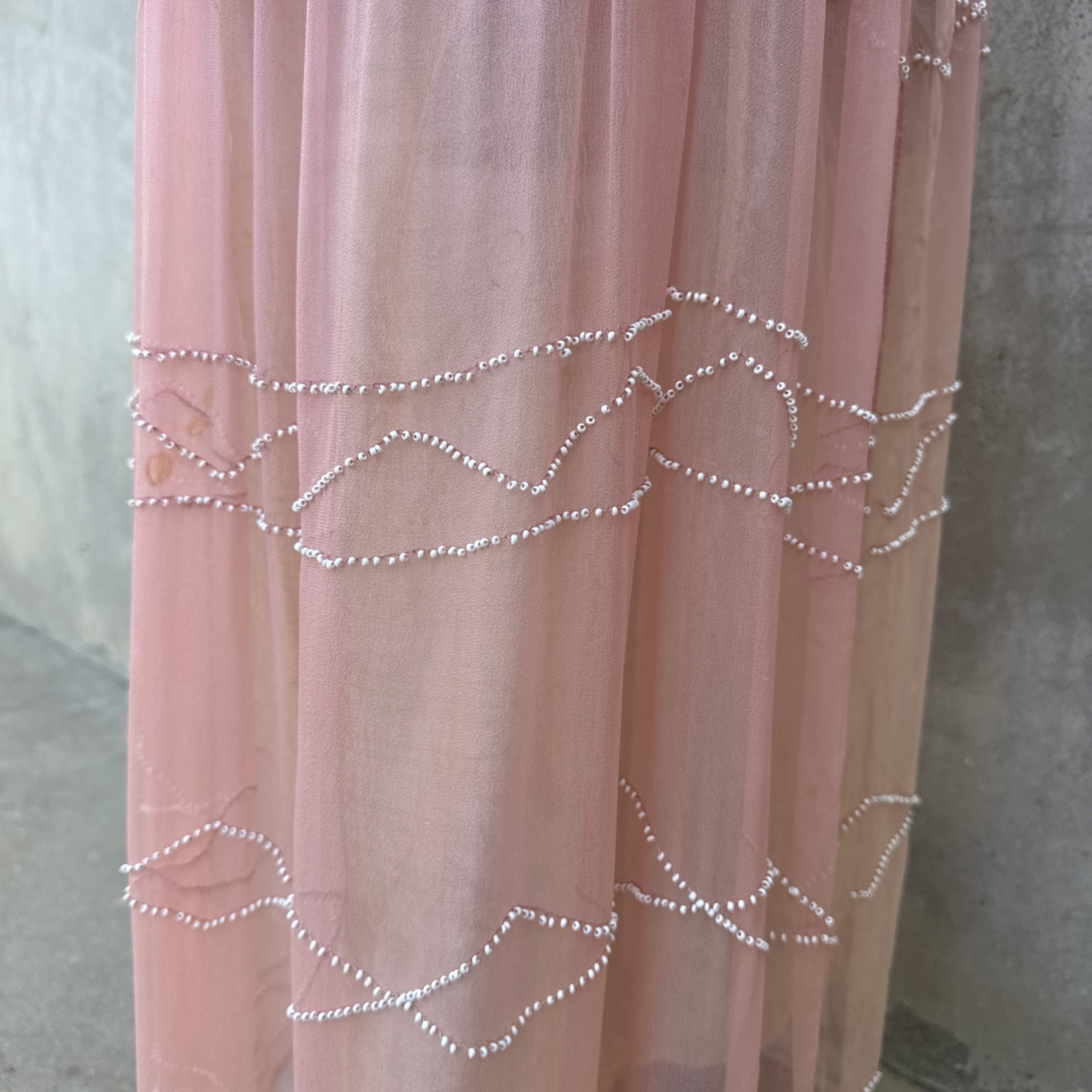 Antique 1920s Pink Silk Chiffon Dress Beaded Waves Oppenheim Collins Vintage