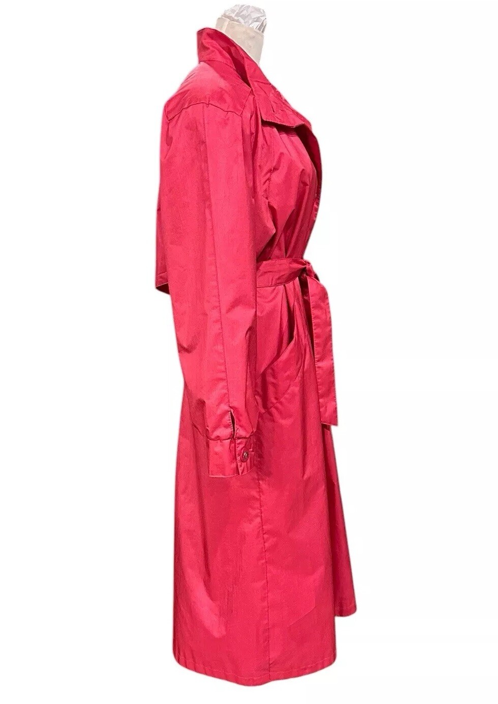 1980s J Gallery Women’s Trench Coat Watermelon Pink Belted Raincoat 11/12 Petite