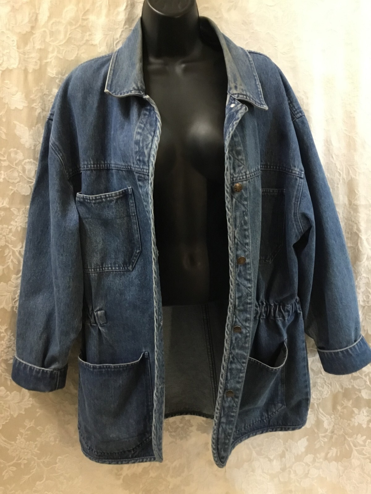 Vintage Boundary Waters Denim Barn Chore Coat Large jean jacket cinched waist