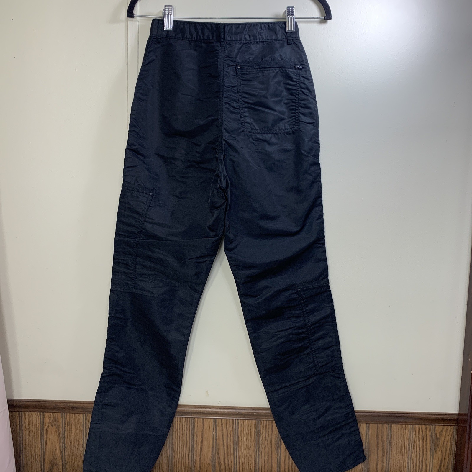Iconic 80’s Black Parachute Pants Nylon Cargo 6 Pockets Zip Leg Size 7-8