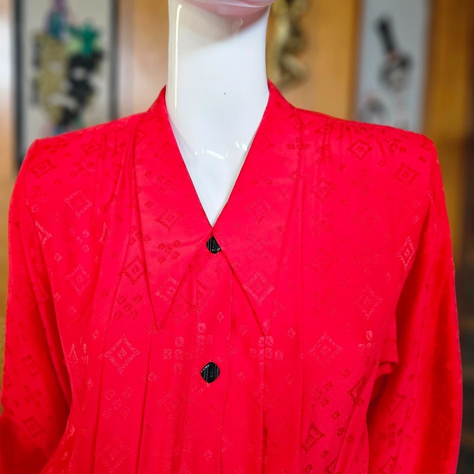 Vtg 80s Silk Jacquard Secretary Liz Claiborne Lipstick Red Femme Boss Dress S/M