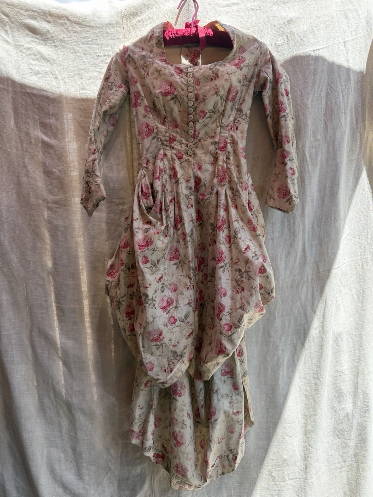 Antique Victorian 1880s Silk Rose Polonaise Museum Deaccession