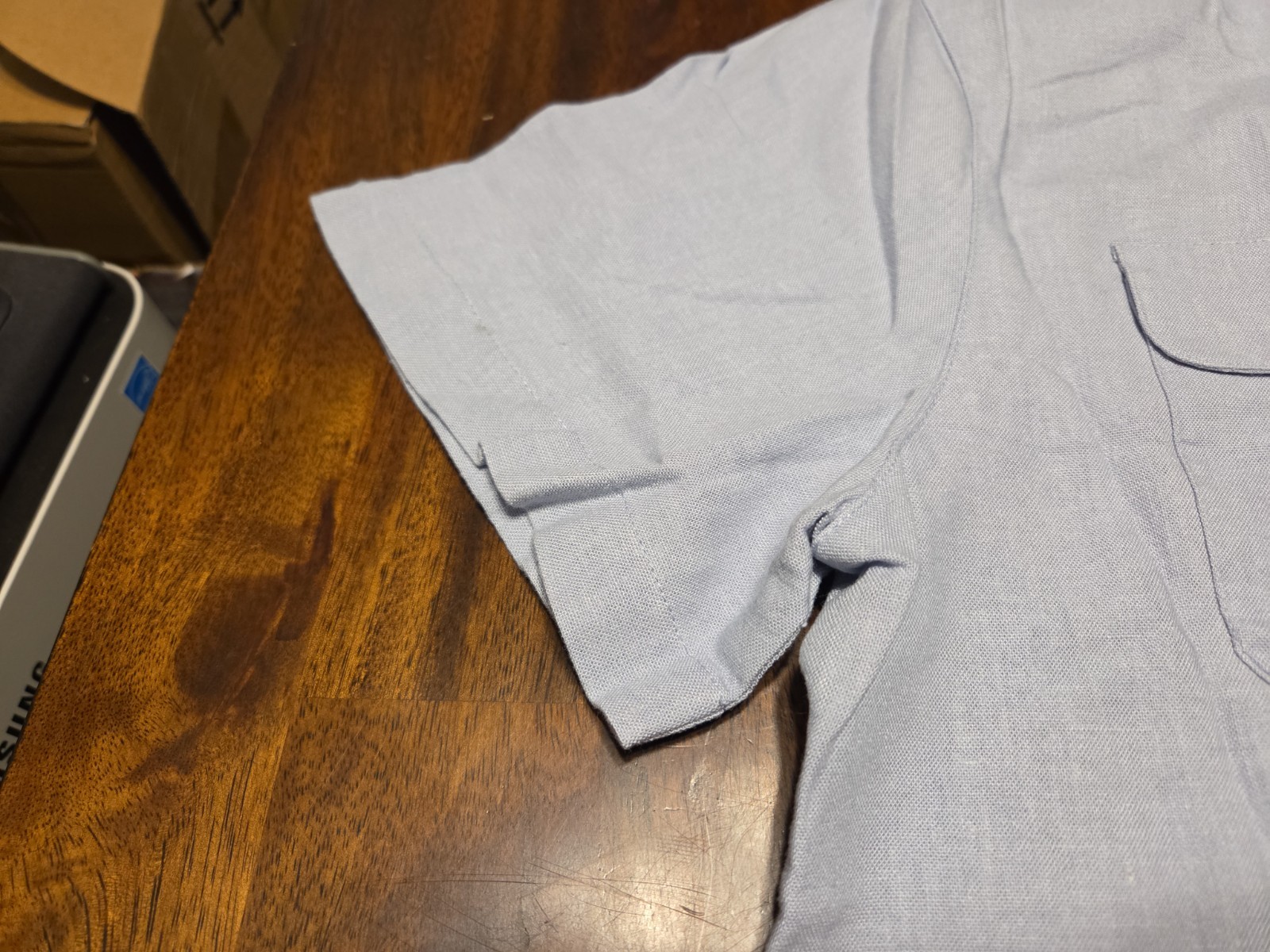 VTG Apparenza Blue Linen Rayon Camp Shirt Petite L Flap Pockets Shoulder Pads