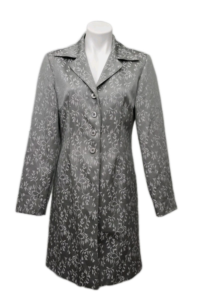 Vintage 90s Y2K Gantos Silver Gray Floral Jacquard Long Blazer Coat Size 8