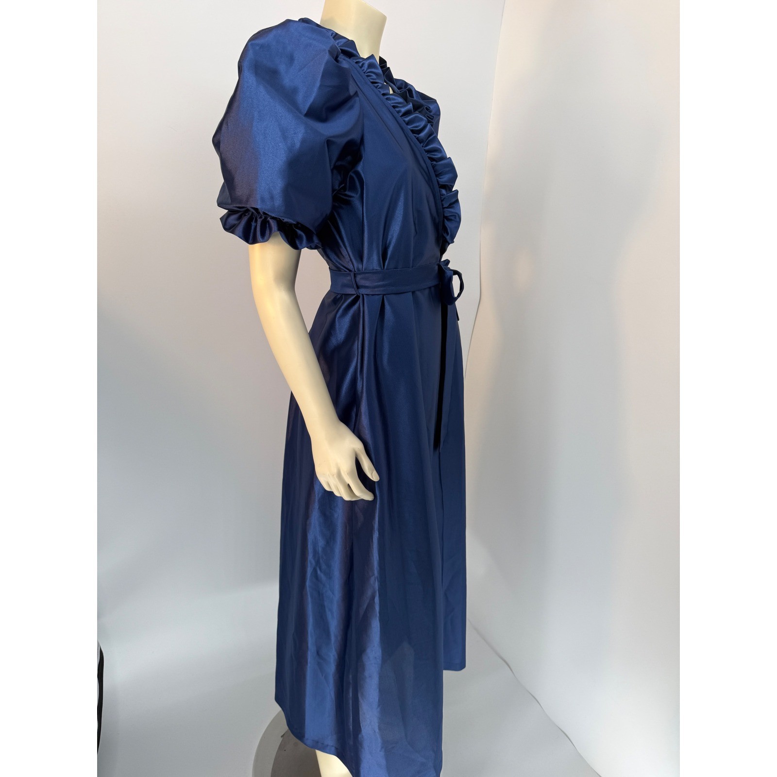 Vintage Puff Sleeve Satin Robe Royal Blue Ruffle Neck Tie Waist Maxi Wrap M/L