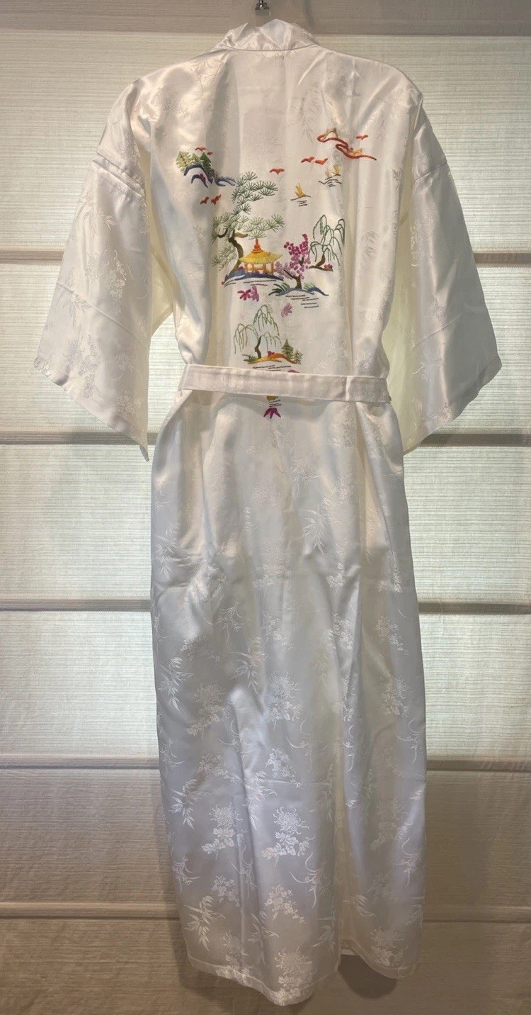 ESTATE VTG GOLDEN BEES Embroidered Tea House Satin Kimono Robe W/ Belt~M/L~NWT