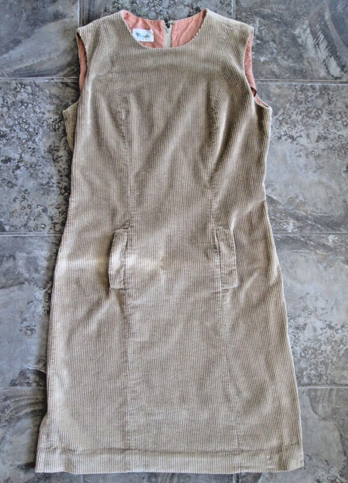 Vintage Majestic Dress Shift Medium Maxi Sleeveless Corduroy Fitted Modest 60s