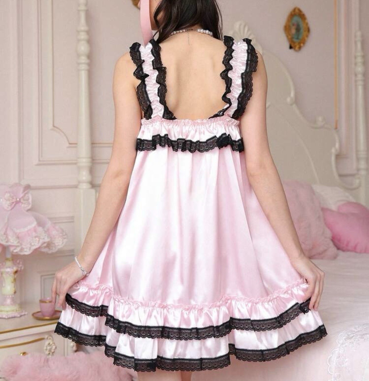 Glossy Ruffle 2nd Skin Satin Babydoll Cami Nightdress Dress Nightgown L NEW