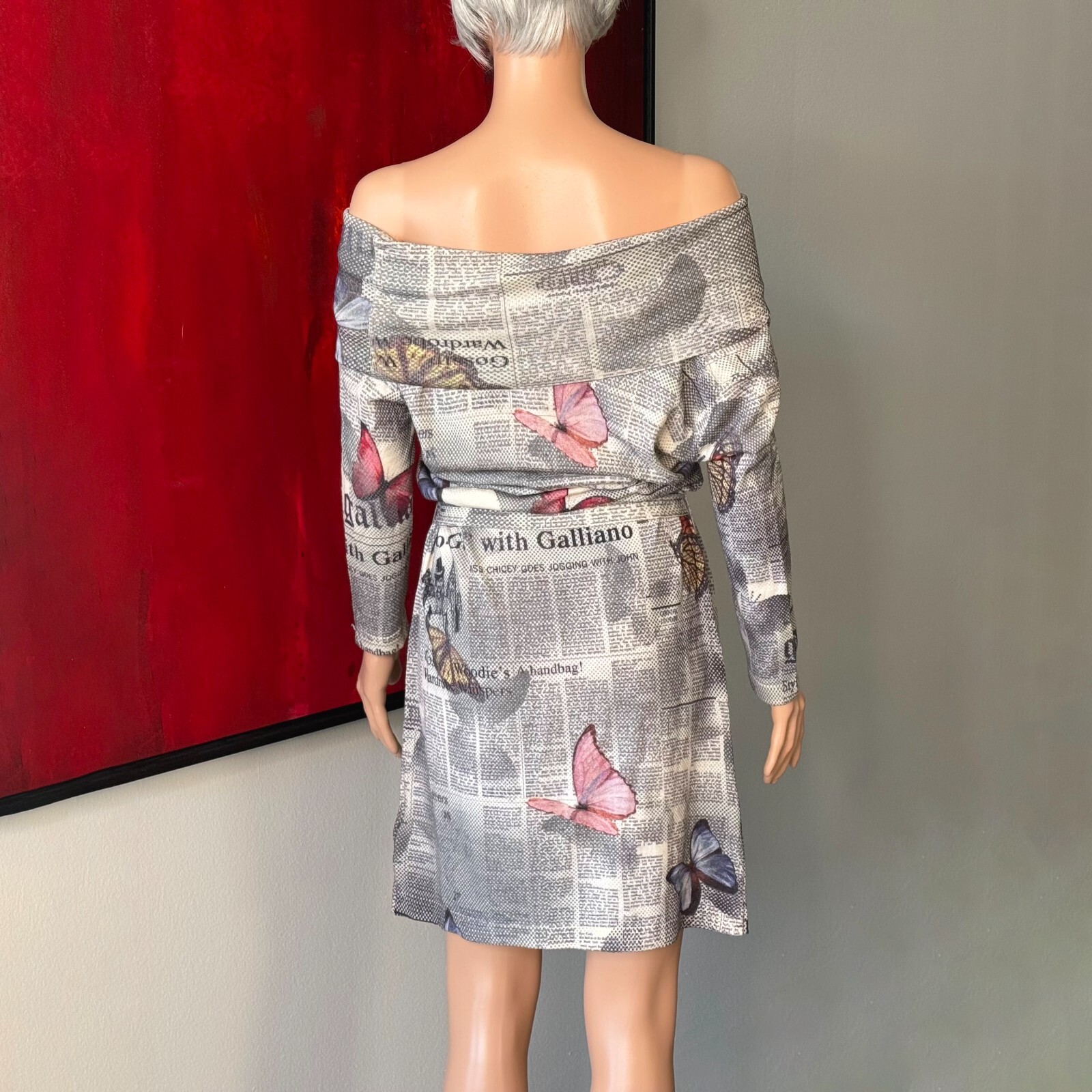 JOHN GALLIANO 2000s Gazette Newspaper Butterfly wool stretch dress print size M