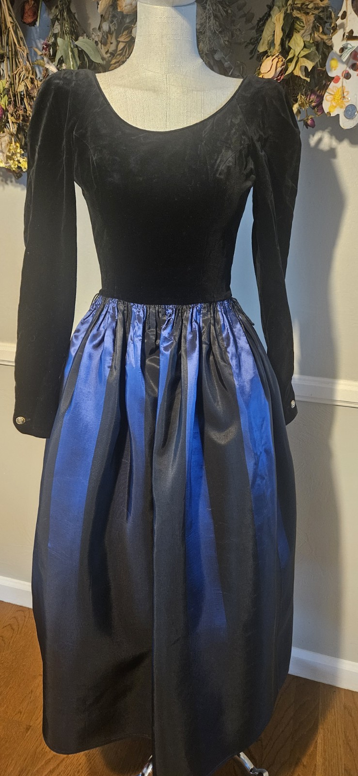 Vintage 198ps Blue And Black Striped Laura Ashley Prom Dress Mkd Sz 6