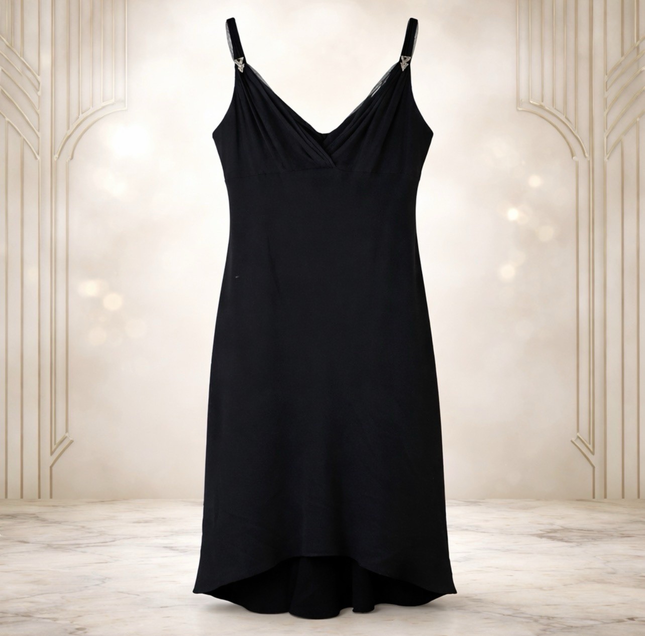 Evan Picone Vintage 80s Black V-Neck Mesh Strap Rhinestone Adorned Dress Size 16