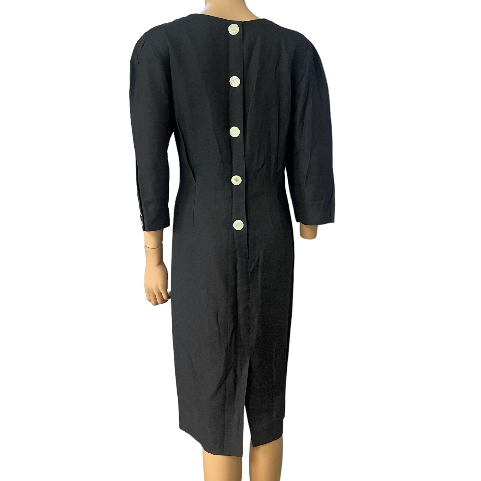 80s Vintage Kathryn Dianos Linen Sheath Dress Pleated Puff Sleeve Medium