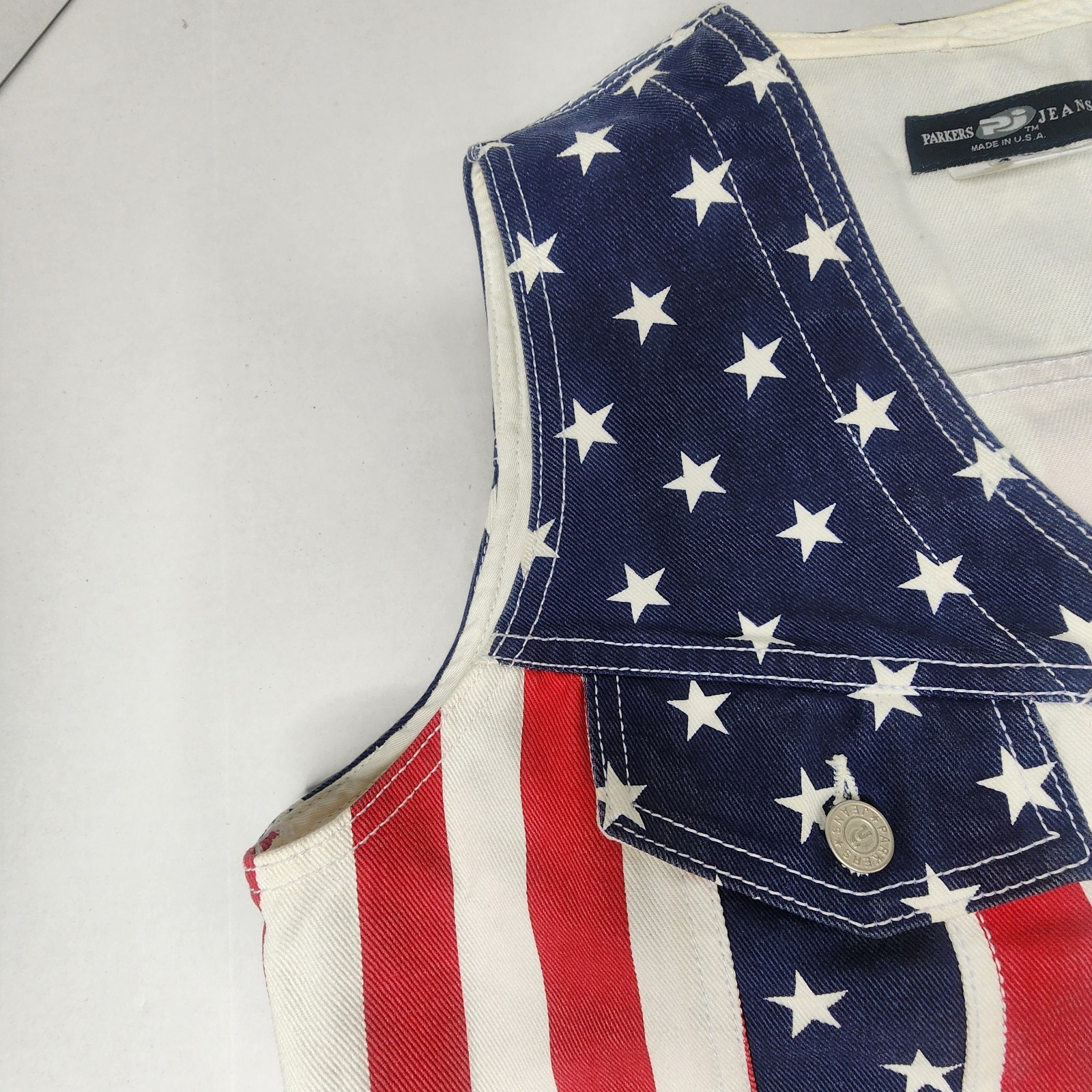 Vintage Parkers Jeans American Flag Vest Womens Large Denim Made in USA Button