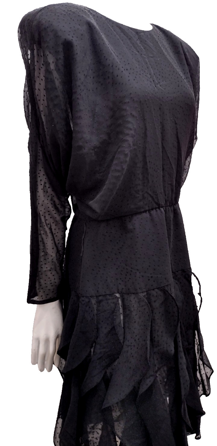 80s Batwing Sheer Chiffon Dress Black Flapper Scallop 80s Dolman Sleeves M/L