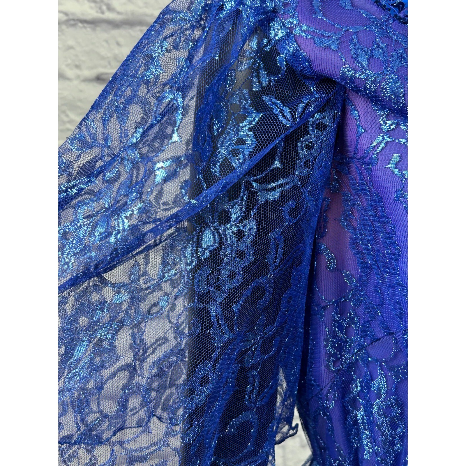 Mike Benet Formal Sequins Blue Lace Sheer V-Neck Evening Gown Dress Vtg 80s