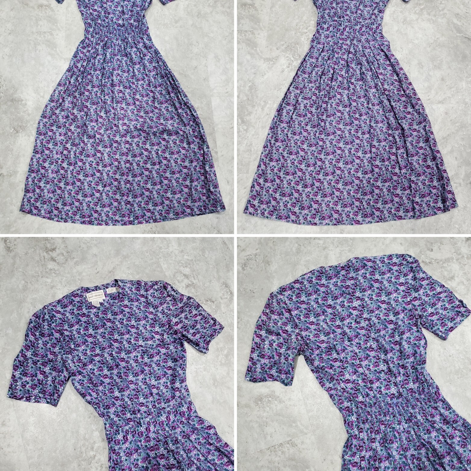 Vintage Karin Stevens Dress Size 4 Midi Floral Smocked Waist Pleated Tea Party