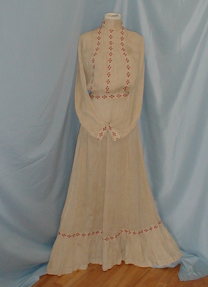 Sweet Antique Dress Victorian 1890 Beige Linen w/ Red Trim