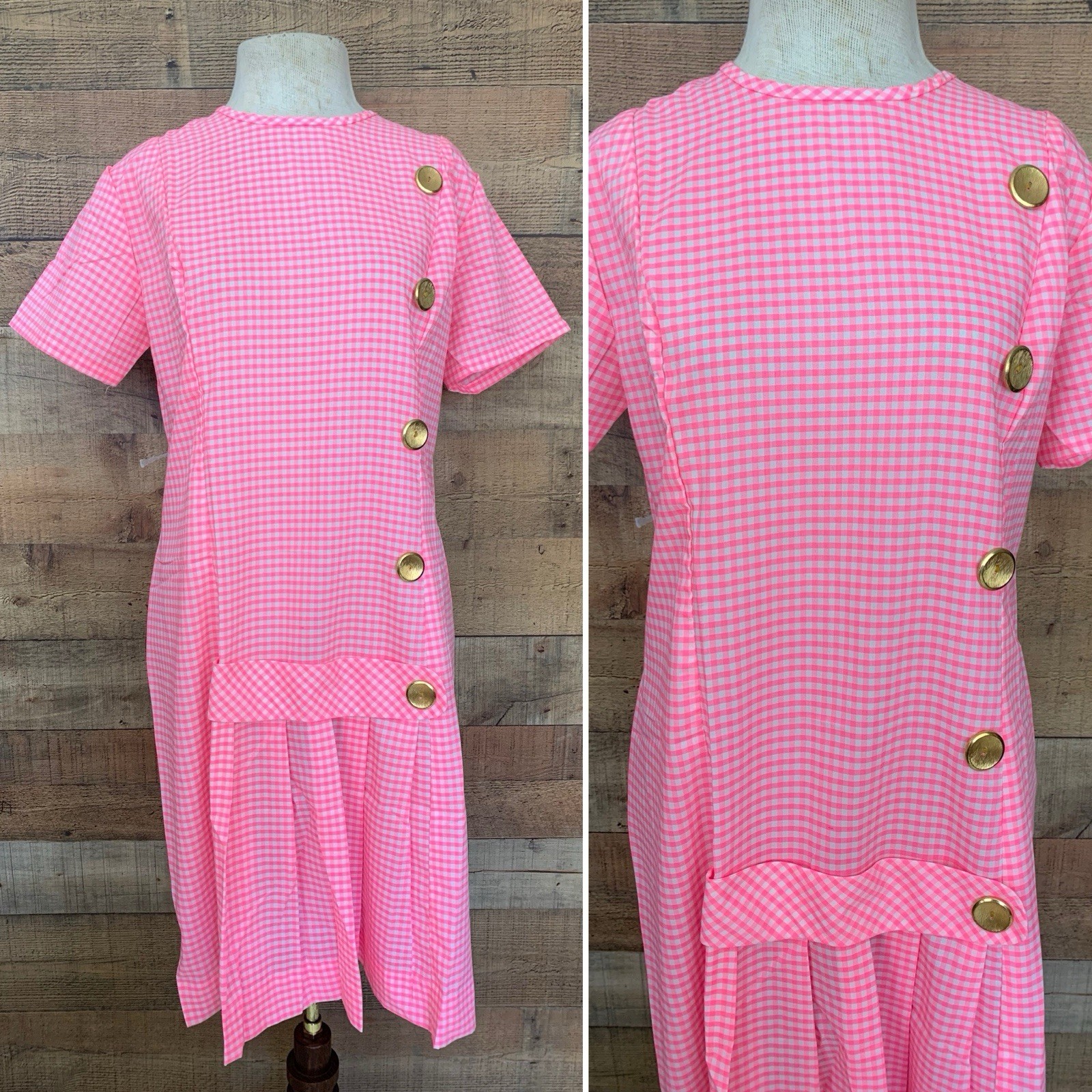 Vintage 1960s Mod Pink Gingham Drop Waist Day Dress 42”Bust /36”waist