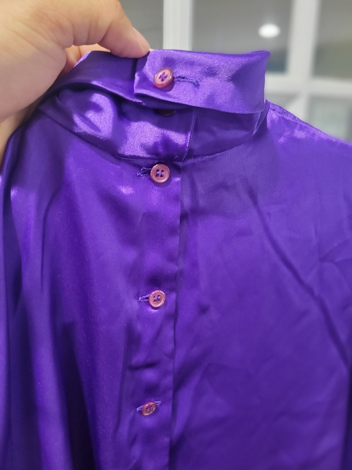 Vintage Compositions Shiny Purple Button Back High Neck Secretary Blouse Sz 12