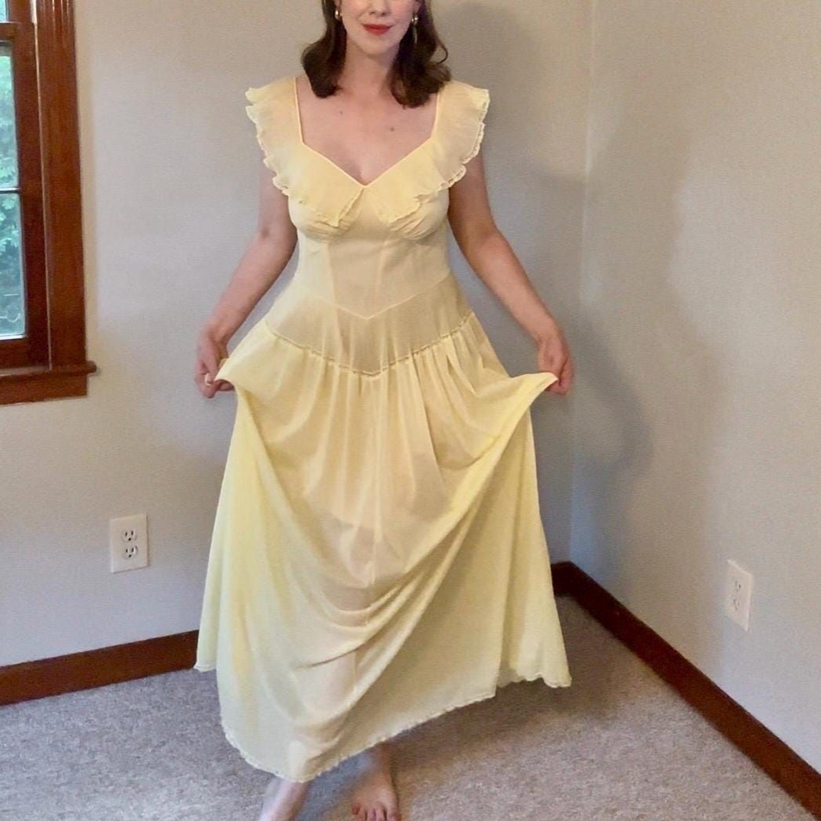 Vintage 70s Vanity Fair Romantic Ethereal Sheer Yellow Slip Dress Size Small