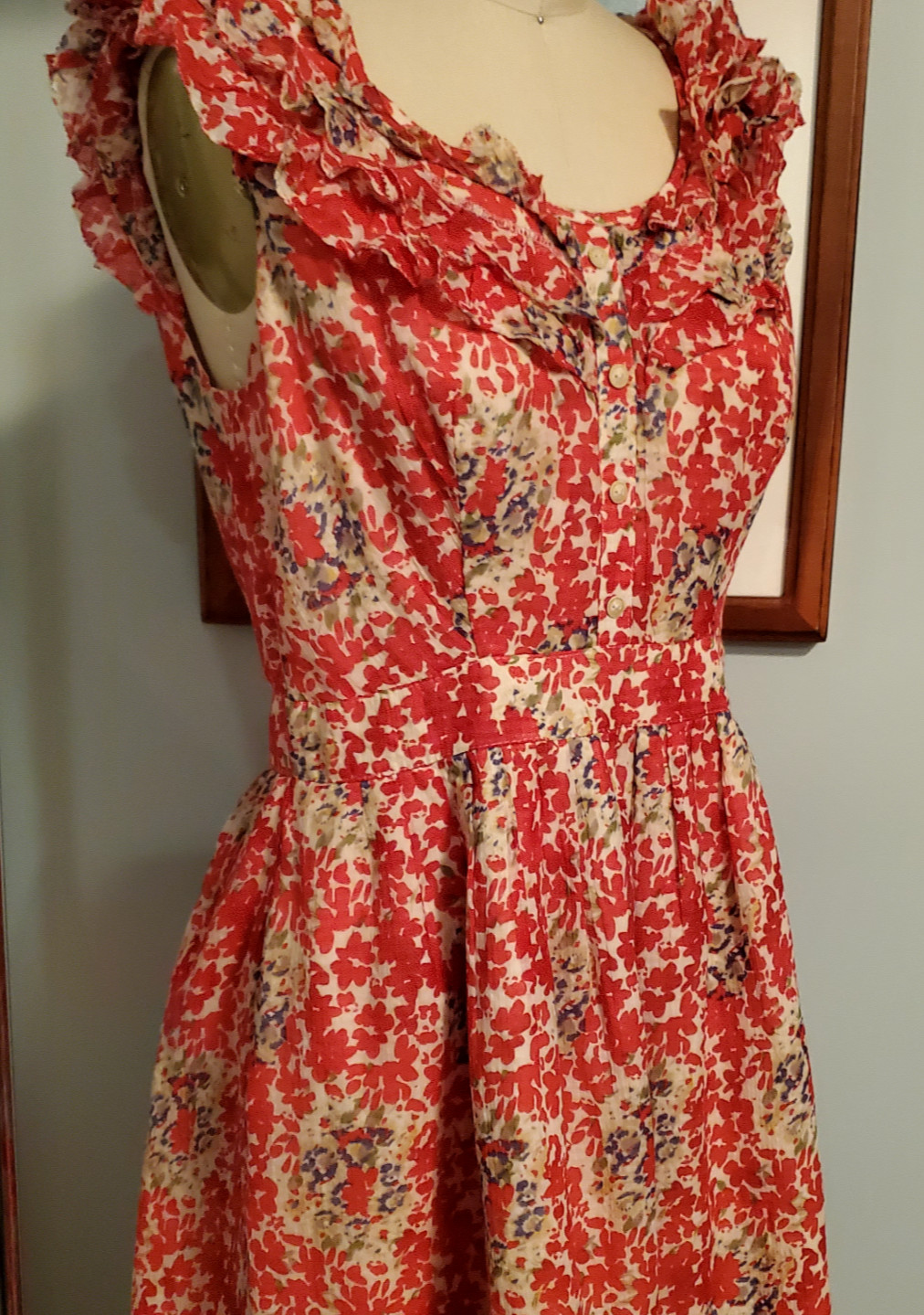 90s VTG Kay Unger Cotton + Silk Red Floral Patterened Dress w/ Frilled Collar
